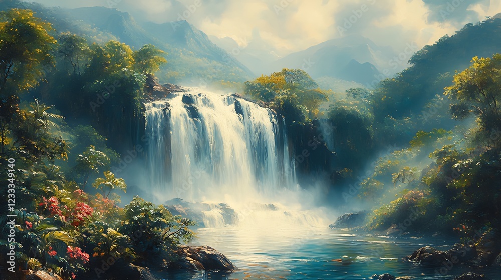 Fototapeta premium Lush Waterfall, Tropical Paradise, Mountain Mist, Tranquil Scene, Tourism Poster