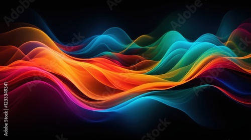 Dynamic waves of digital hues move across a shadowed backdrop 