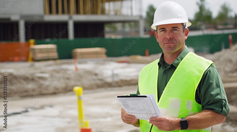 Fototapeta premium A safety inspector in a green reflective vest and white hard hat, holding a checklist and looking directly at the camera, with a construction site and safety barriers in the background