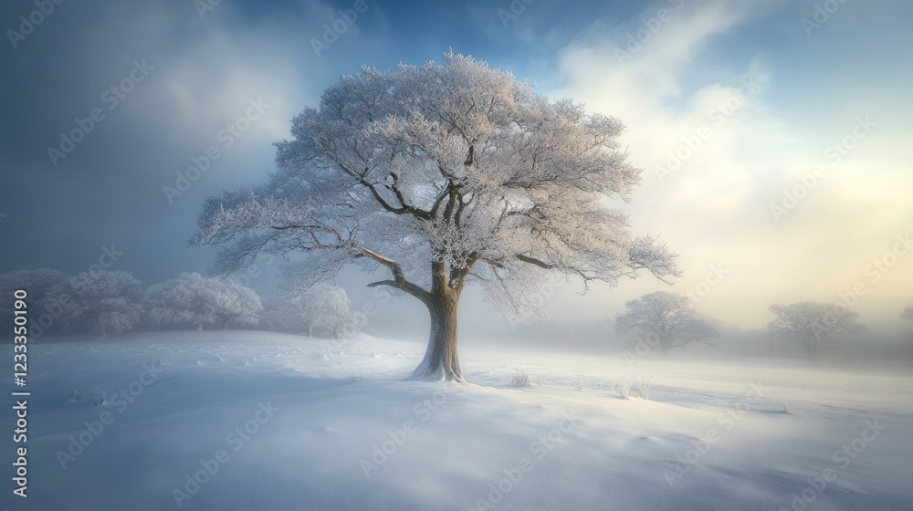 Frosty oak tree in snowy field, sunrise mist. Winter landscape, nature photography Frosty oak tree in snowy field, sunrise mist. Winter landscape, nature photography
