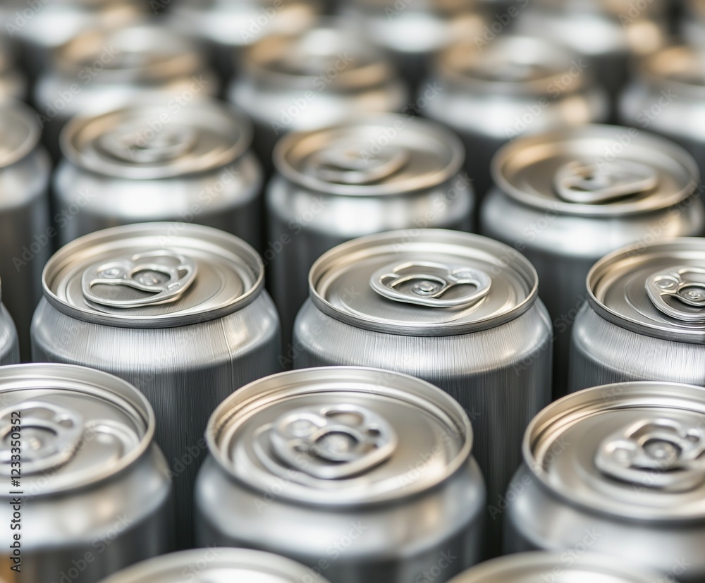 Close-up of aluminum cans, symbolizing mass production in the food industry Close-up of aluminum cans, symbolizing mass production in the food industry