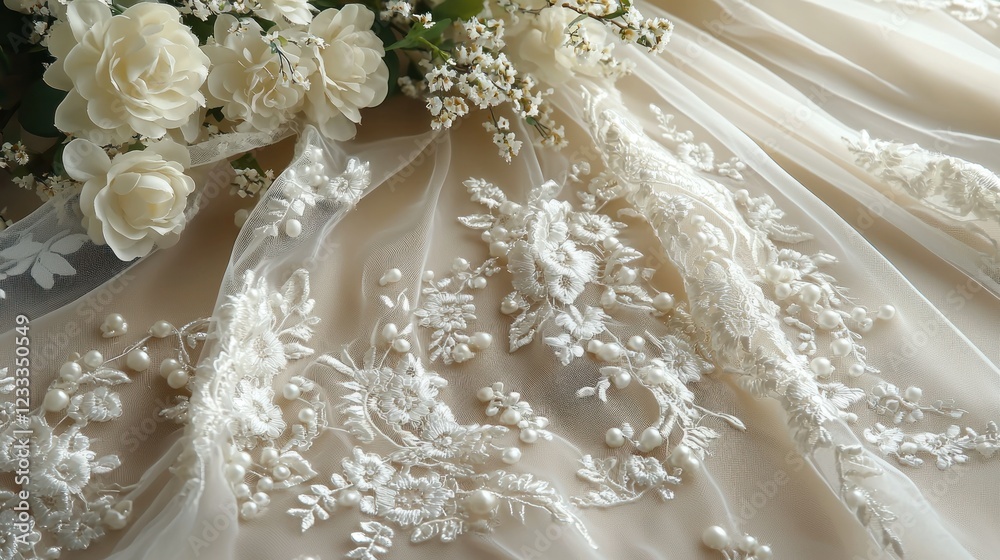 Fototapeta premium Bridal veil with lace, pearls, and flowers for wedding ceremony