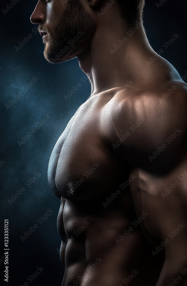 A striking profile of a muscular man illuminated against a dark backdrop, showcasing defined features and contours that highlight strength and fitness. A striking profile of a muscular man illuminated against a dark backdrop, showcasing defined features and contours that highlight strength and fitness.