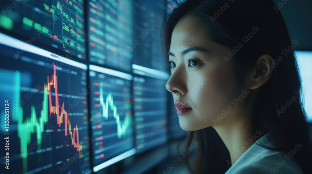 A concentrated woman scrutinizing radiant financial statistics on many monitors A concentrated woman scrutinizing radiant financial statistics on many monitors