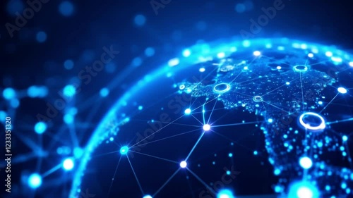 Global Network: A stylized digital rendering of planet Earth, illuminated with a vibrant blue network of interconnected nodes, representing global communication, technology, and data flow.  