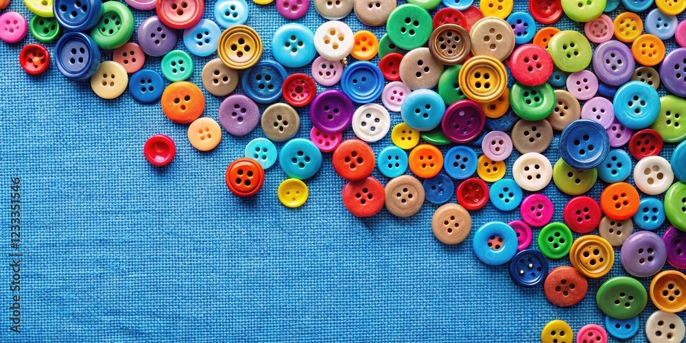 Colorful buttons scattered on blue fabric , Sewing, crafts, accessories, vibrant, scattered, scattered buttons Colorful buttons scattered on blue fabric , Sewing, crafts, accessories, vibrant, scattered, scattered buttons