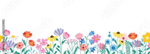 Spring seamless flowers clipart banner. Flower drawing in continuous and endless background clip art for editable wallpaper seasonal design. Vector illustration spring seamless background. 
