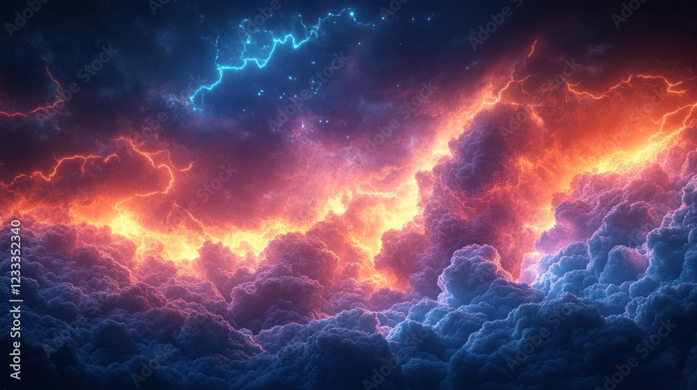 Fiery, icy storm clouds clashing, cosmic background, energy concept Fiery, icy storm clouds clashing, cosmic background, energy concept
