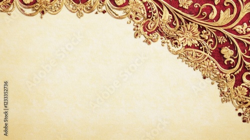 71.A luxurious Indian wedding invitation card design, combining vintage elegance with modern luxury. The intricate gold and crimson borders feature paisleys and floral motifs, while the invitationâ€™s