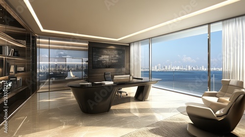 A high-tech minimalist home office featuring a glossy black desk and metallic accents.