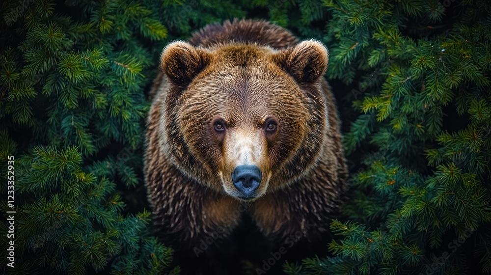 Fototapeta premium Brown bear peering through pine branches in forest