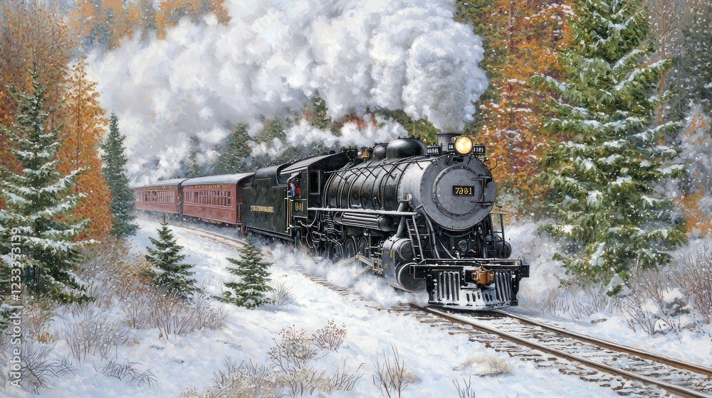 Obraz premium Winter Wonderland Steam Train Journey: A nostalgic steam locomotive glides through a snowy forest, painting a picturesque winter scene.