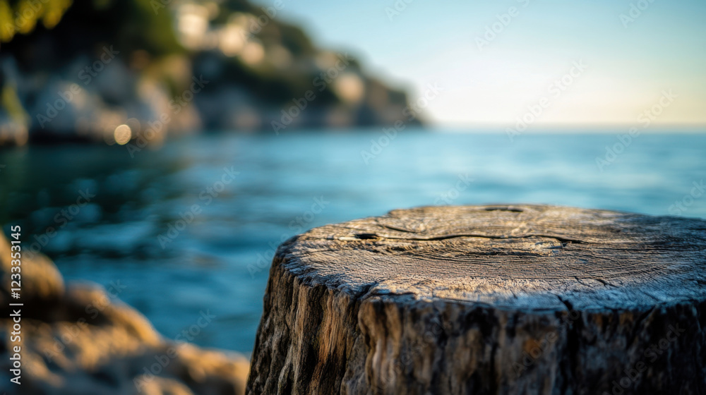 tranquil summer morning scene featuring weathered wooden stump by serene body of water, evoking sense of calm and relaxation tranquil summer morning scene featuring weathered wooden stump by serene body of water, evoking sense of calm and relaxation