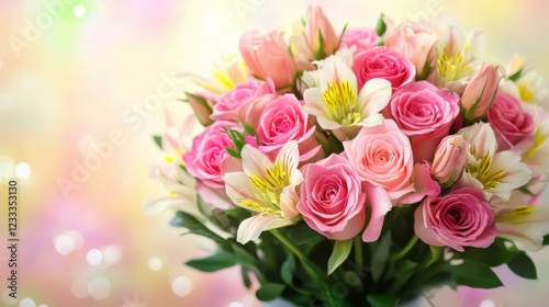 beautiful bouquet of pink roses and white lilies, creating soft and romantic atmosphere. blurred background enhances floral arrangement vibrant colors and delicate details