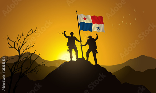 Panama flag, silhouette of two climbers holding a flag at sunset over the mountain