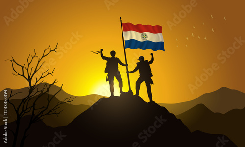  Paraguay flag, silhouette of two climbers holding a flag at sunset over the mountain