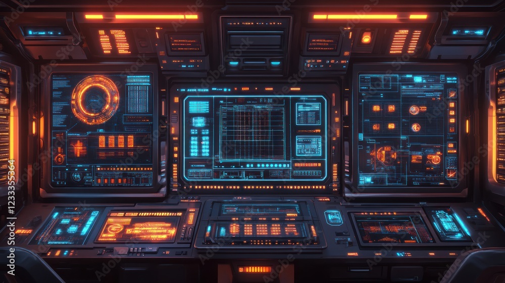 Spaceship control panel, futuristic interface, orange lighting, flight deck, science fiction background, game design Spaceship control panel, futuristic interface, orange lighting, flight deck, science fiction background, game design