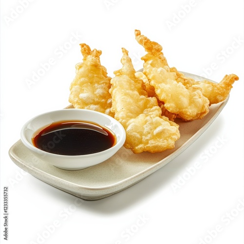 A platter of traditional Japanese tempura with dipping sauce, isolated white background, classic realism art style