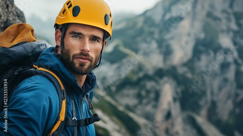 Climber stands atop mountain peak, gazing into the distance, embodying triumph and solitude.