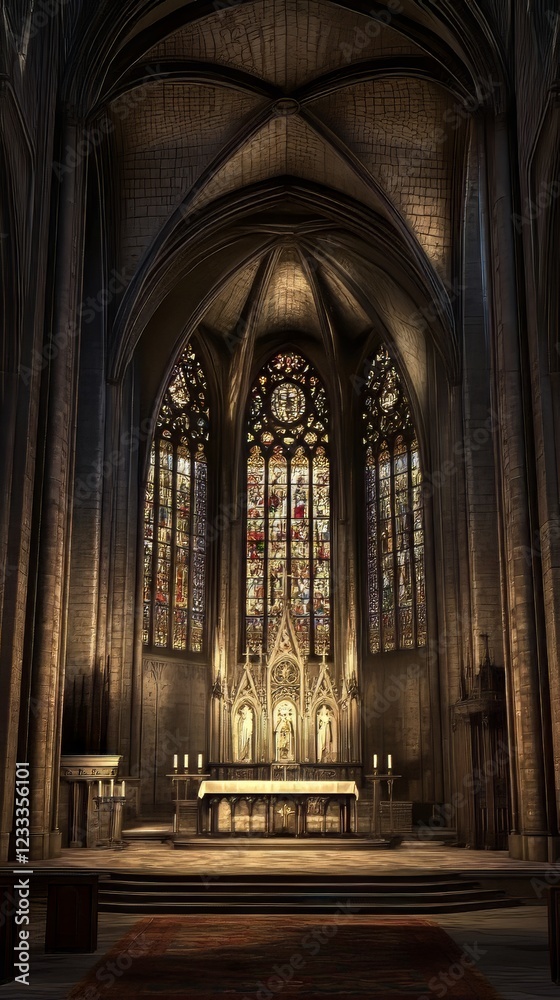 Fototapeta premium Grand church interior with stained glass