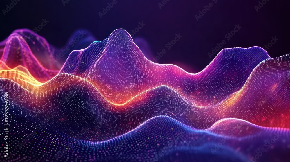 Obraz premium Abstract digital landscape, glowing particles, dark background, tech presentation