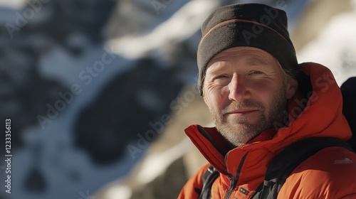 Climber stands atop mountain peak, gazing into the distance, embodying triumph and solitude.