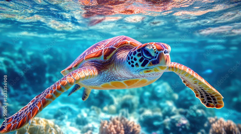 Obraz premium vibrant sea turtle swimming gracefully through clear blue waters, surrounded by colorful coral reefs and marine life, showcasing beauty of underwater ecosystems