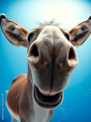 Donkey with a stupid smile closeup, wide angle gopro shot on solid blue background. ai generative photo