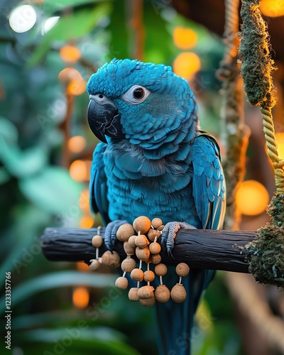 Vibrant blue parrot perched on a branch. photo