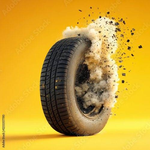 worn rubber tire bursts into cloud of dust and debris against vibrant yellow background, showcasing tire texture and details