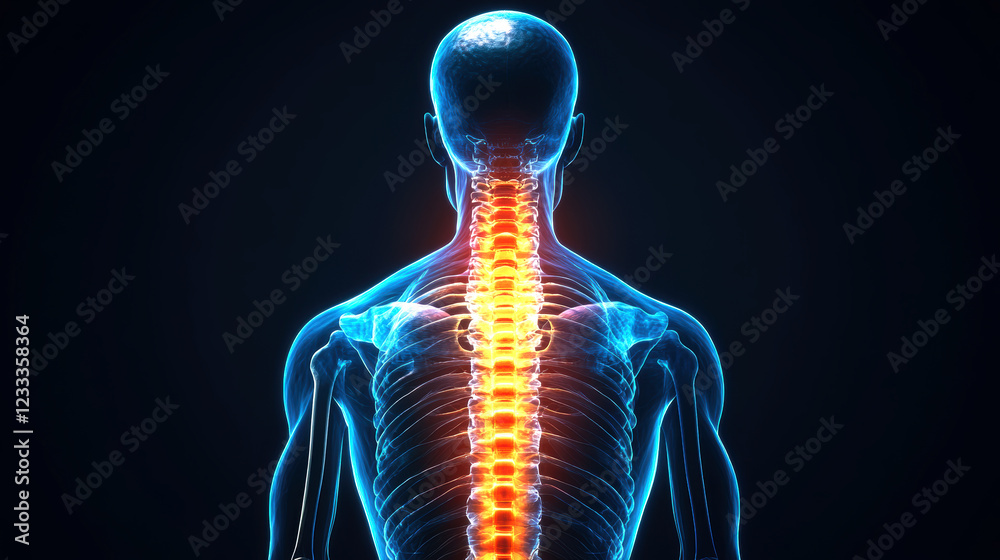 This stunning image showcases a luminous representation of the human spine, highlighting the intricate structure of vertebrae and the surrounding skeletal anatomy for educational purposes. This stunning image showcases a luminous representation of the human spine, highlighting the intricate structure of vertebrae and the surrounding skeletal anatomy for educational purposes.
