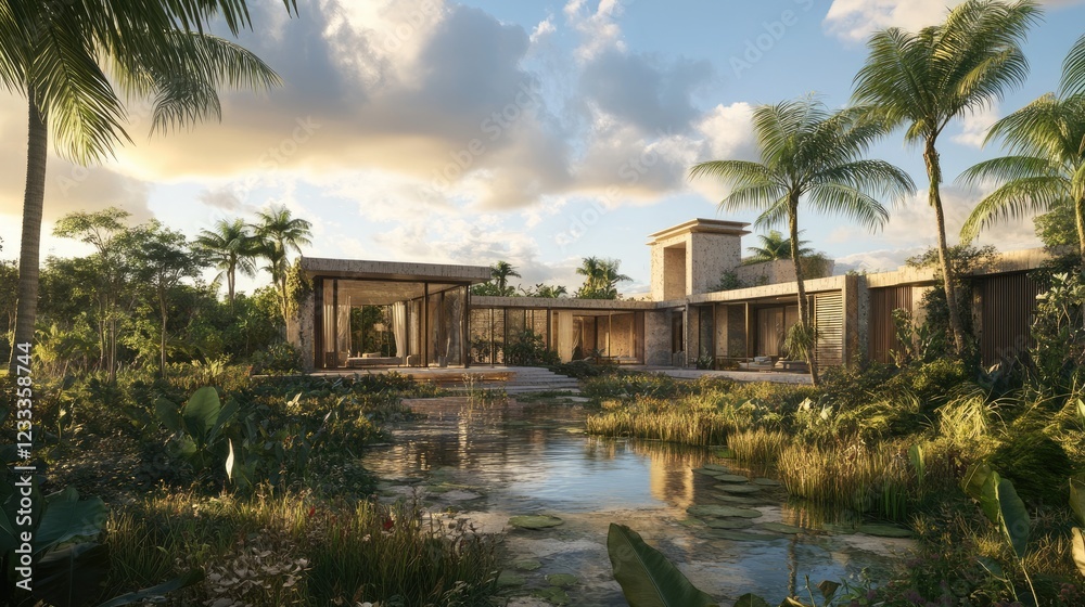 Obraz premium A tropical villa designed with open-air architecture and expansive glass walls.