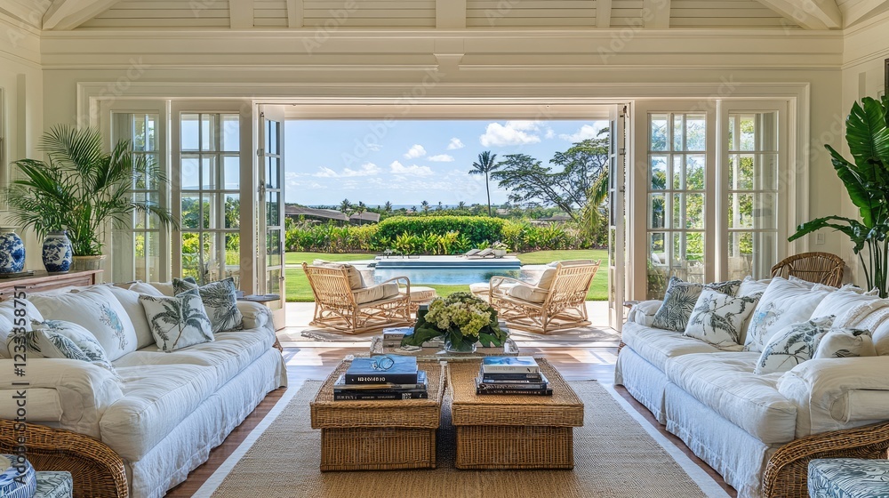 Fototapeta premium A tropical-themed living room with large folding glass doors opening to the outdoors.