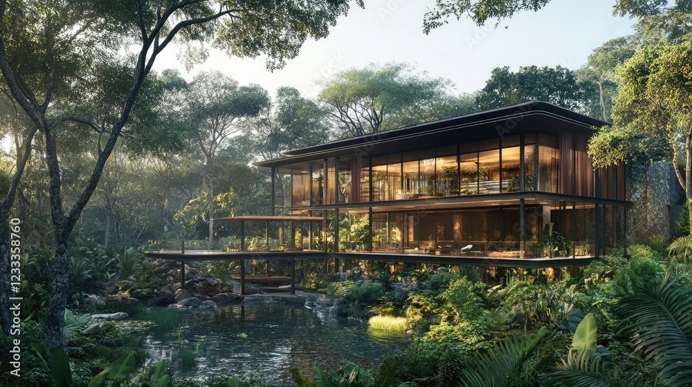 Obraz premium A tropical villa designed with open-air architecture and expansive glass walls.