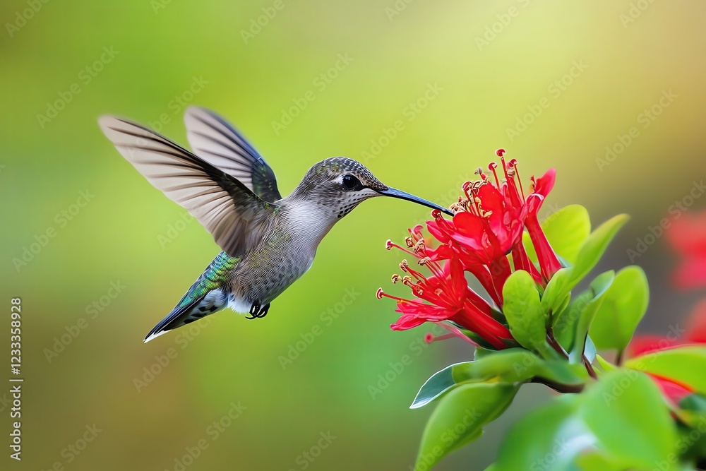 Hummingbird feeding on vibrant red flower. Hummingbird feeding on vibrant red flower.