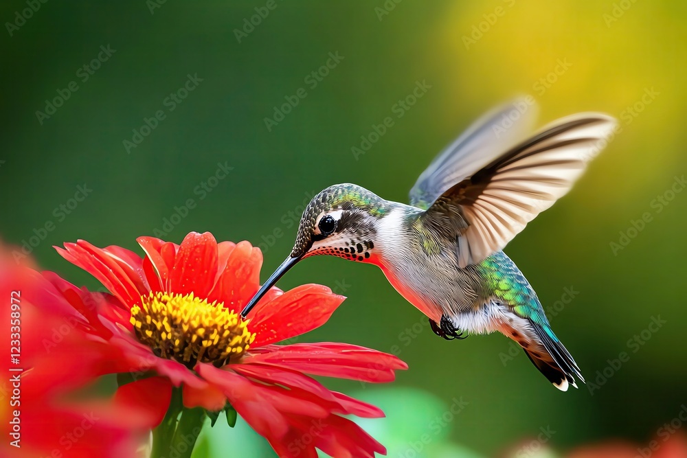 Fototapeta premium Hummingbird feeding on vibrant red flower.