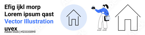 Woman holding a house model with shopping bags, minimalist home icon. Ideal for real estate, property investment, home decor, online shopping, housing market, architecture, flat landing page banner