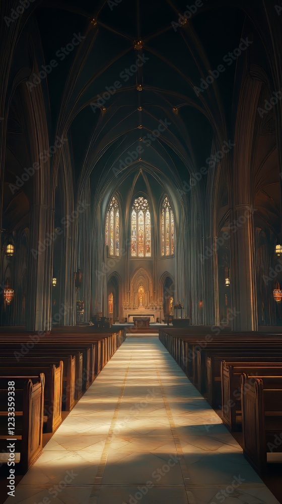 Fototapeta premium Sunlit aisle in a grand cathedral.