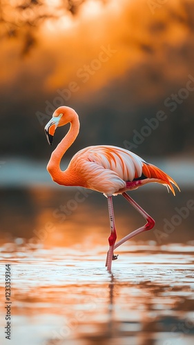 Vibrant flamingo walking gracefully in water. photo