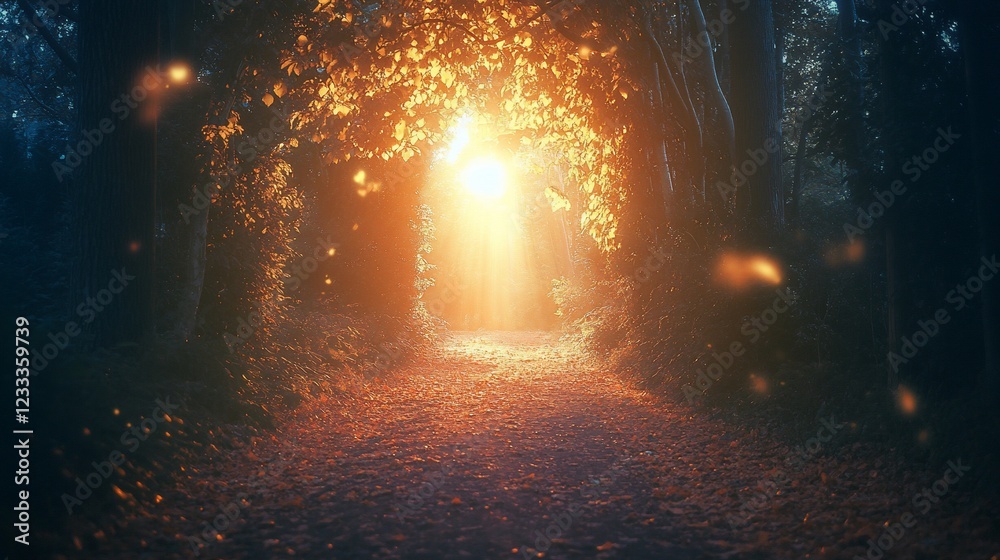 Fototapeta premium Sunlight filtering through the trees in a mystical forest with magical lights