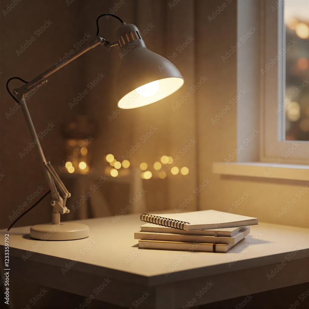 Obraz premium A cozy and inviting scene of a desk lamp casting a warm glow on a stack of notebooks
