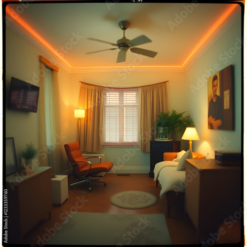 Retro vibes permeate a bedroom setting enhanced by a blurred filter photo