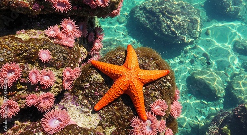 Étoile de mer orange vif entourée d'anémones roses dans une eau cristalline. Photo de stock pour la faune marine, les récifs coralliens et la biodiversité.