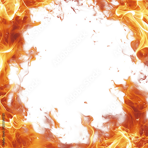 Blazing Fire Explosion - Fiery Circular Frame on White Background