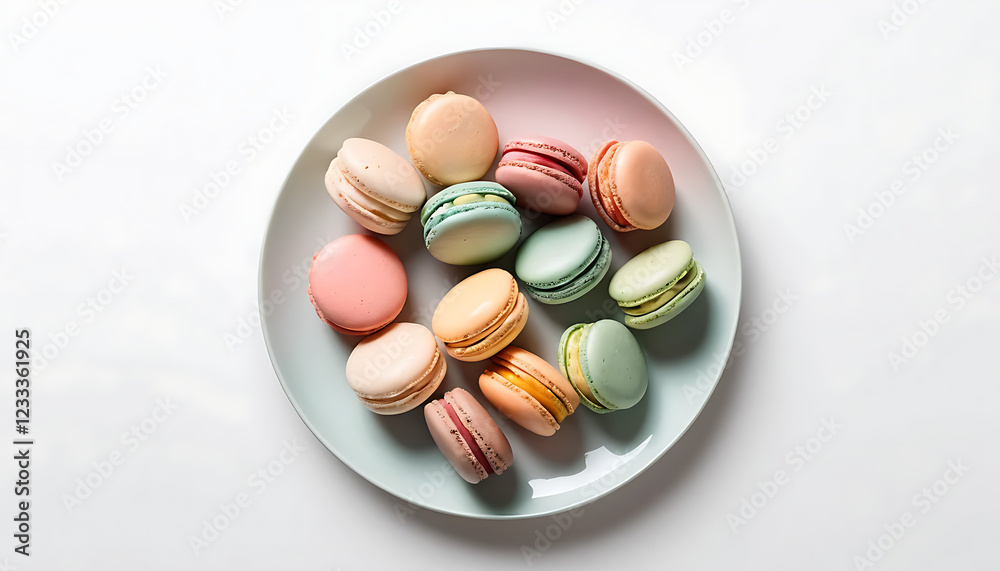 Colorful Pastel Macarons on Plate Delicious French Dessert Colorful Pastel Macarons on Plate Delicious French Dessert