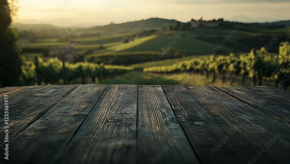 Rustic wooden table overlooking vineyard at sunset. Rustic wooden table overlooking vineyard at sunset.