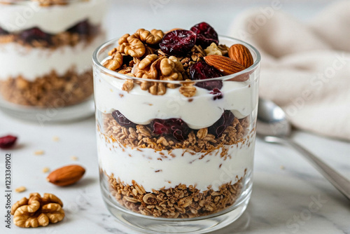 Wallpaper Mural Elevate your visual appeal with this layered granola parfait, beautifully captured in a glass against a clean white background Torontodigital.ca