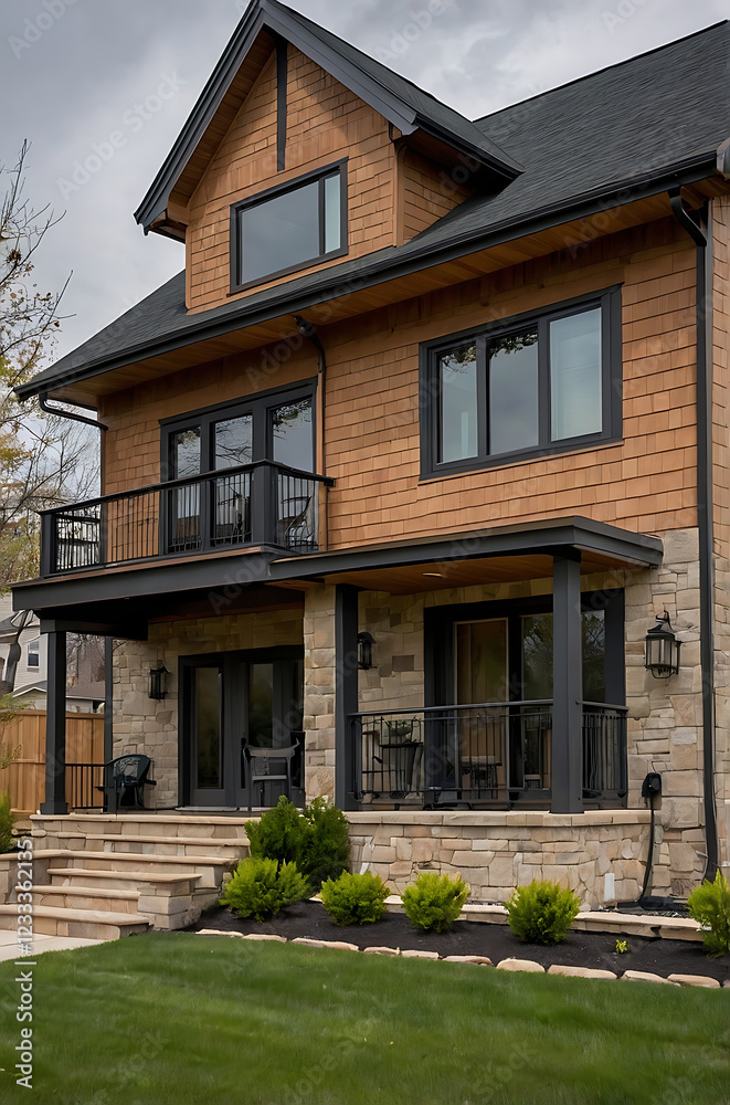 Fototapeta premium Modern Luxury House Exterior: Contemporary Home Design with Stone and Wood Facade