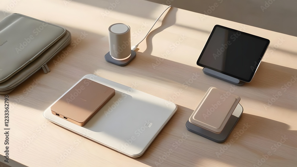Modern tech accessories on wood table, laptop case wireless chargers pad Modern tech accessories on wood table, laptop case wireless chargers pad