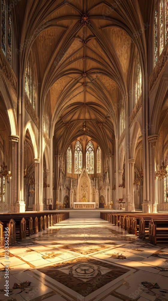 Fototapeta premium Sunlit Gothic cathedral interior